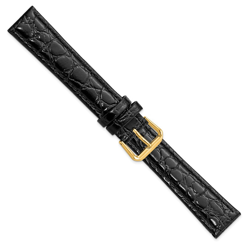 DeBeer 18mm Long Black Alligator Grain Leather with Gold-tone Buckle 8.5 inch Watch Band