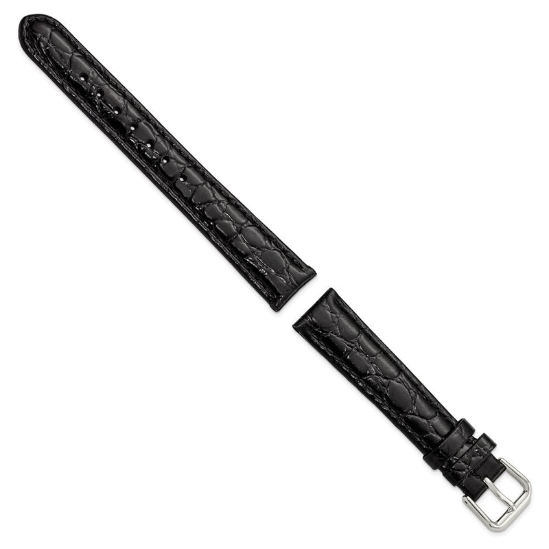 DeBeer 16mm Black Alligator Grain Leather with Silver-tone Buckle 7.5 inch Watch Band