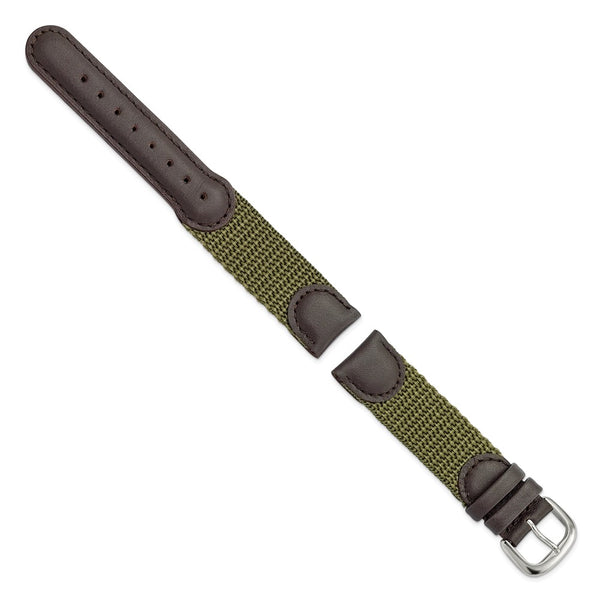 DeBeer 18mm Olive Army Style Nylon and Brown Leather with Stainless Steel Buckle 7.75 inch Watch Band