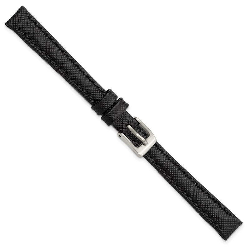 Gilden 10mm Black Saffiano-style Leather with Stainless Steel Buckle 6.75 inch Watch Band