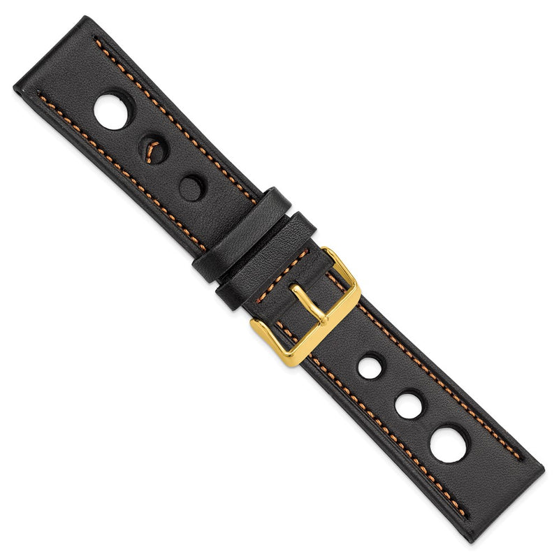 DeBeer 24mm Black Grand Prix Leather with Orange Stitching and Gold-tone Buckle 7.5 inch Watch Band