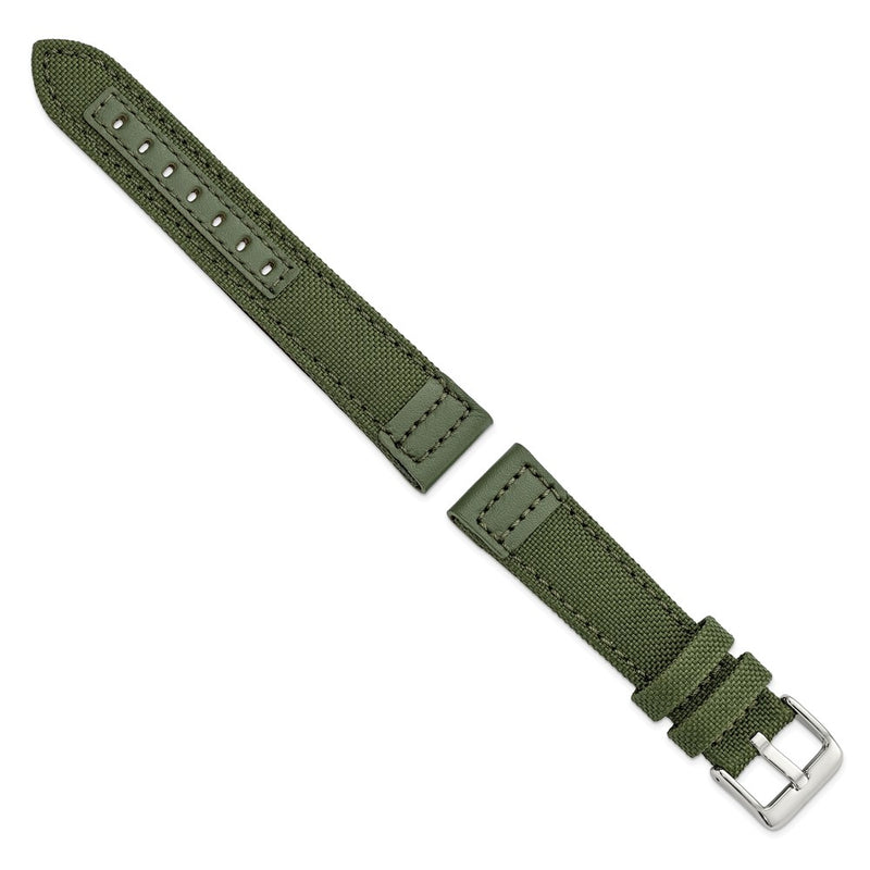 DeBeer 20mm Olive Nylon Canvas with Leather Trim and Silver-tone Panerai Style Buckle 7.75 inch Watch Band