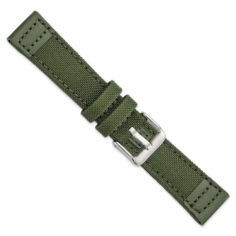 DeBeer 20mm Olive Nylon Canvas with Leather Trim and Silver-tone Panerai Style Buckle 7.75 inch Watch Band