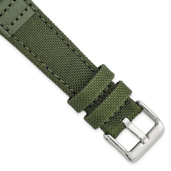 DeBeer 20mm Olive Nylon Canvas with Leather Trim and Silver-tone Panerai Style Buckle 7.75 inch Watch Band