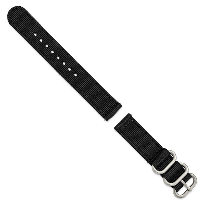 DeBeer 18mm Two-Piece Black Ballistic Nylon with Brushed Stainless Steel Buckle and Quick Release Spring Bars 8.5 inch Watch Band