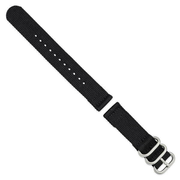 DeBeer 20mm Two-Piece Black Ballistic Nylon with Brushed Stainless Steel Buckle and Quick Release Spring Bars 8.5 inch Watch Band