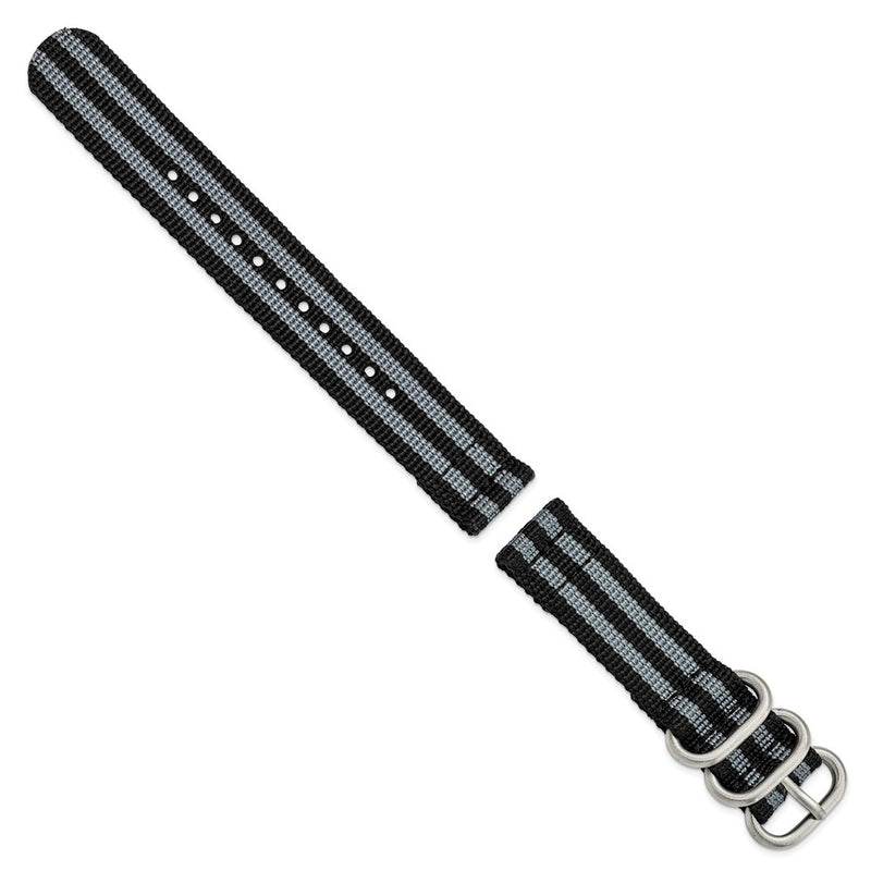 DeBeer 18mm Two-Piece Black with Grey Stripes Ballistic Nylon with Brushed Stainless Steel Buckle and Quick Release Spring Bars 8.5 inch Watch Band