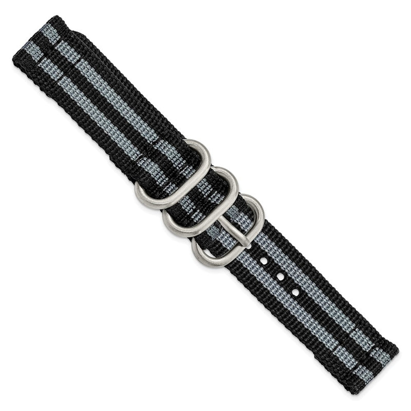 DeBeer 18mm Two-Piece Black with Grey Stripes Ballistic Nylon with Brushed Stainless Steel Buckle and Quick Release Spring Bars 8.5 inch Watch Band