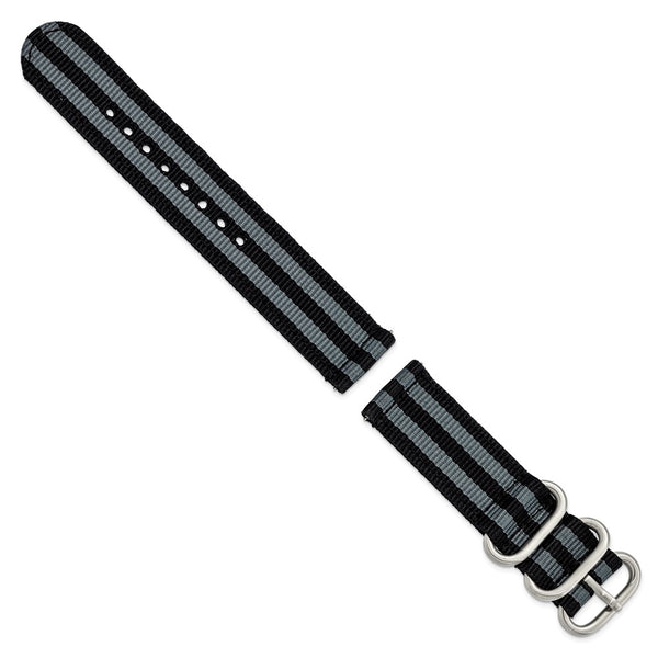 DeBeer 20mm Two-Piece Black with Grey Stripes Ballistic Nylon with Brushed Stainless Steel Buckle and Quick Release Spring Bars 8.5 inch Watch Band