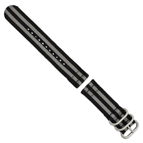 DeBeer 22mm Two-Piece Black with Grey Stripes Ballistic Nylon with Brushed Stainless Steel Buckle and Quick Release Spring Bars 8.5 inch Watch Band