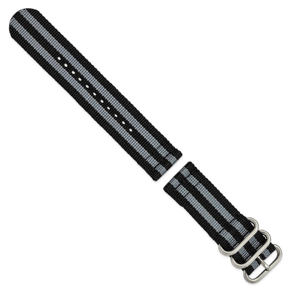 DeBeer 24mm Two-Piece Black with Grey Stripes Ballistic Nylon with Brushed Stainless Steel Buckle and Quick Release Spring Bars 8.5 inch Watch Band