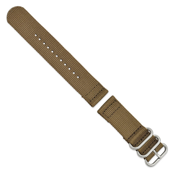 DeBeer 20mm Two-Piece Khaki Brown Ballistic Nylon with Brushed Stainless Steel Buckle and Quick Release Spring Bars 8.5 inch Watch Band