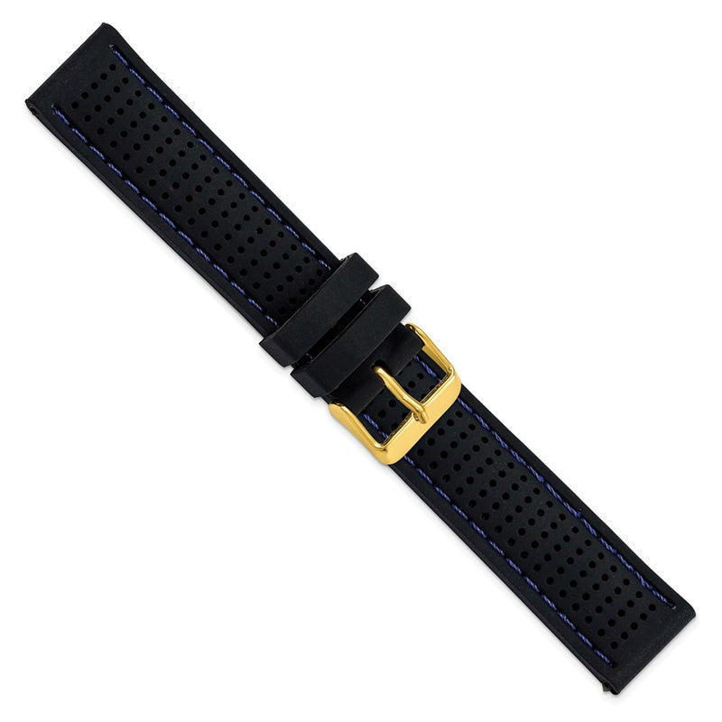 DeBeer 20mm Black Ventilated Silicone with Blue Stitching and Gold-tone Buckle 8 inch Watch Band