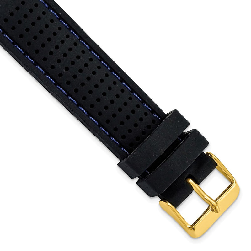 DeBeer 20mm Black Ventilated Silicone with Blue Stitching and Gold-tone Buckle 8 inch Watch Band