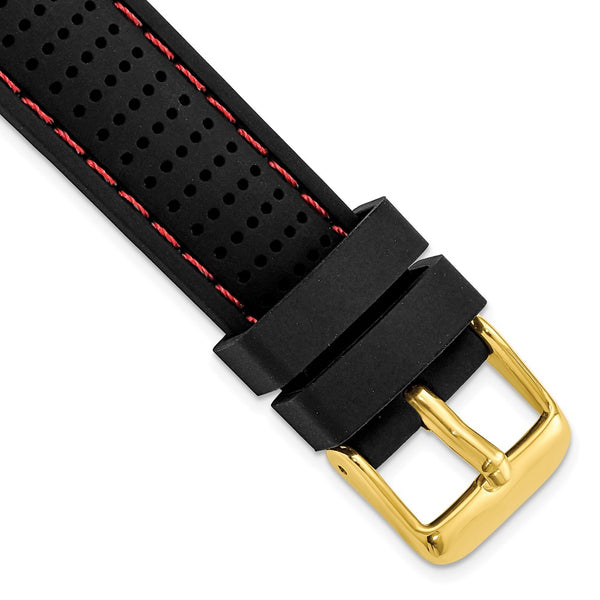 DeBeer 18mm Black Ventilated Silicone with Red Stitching and Gold-tone Buckle 8 inch Watch Band