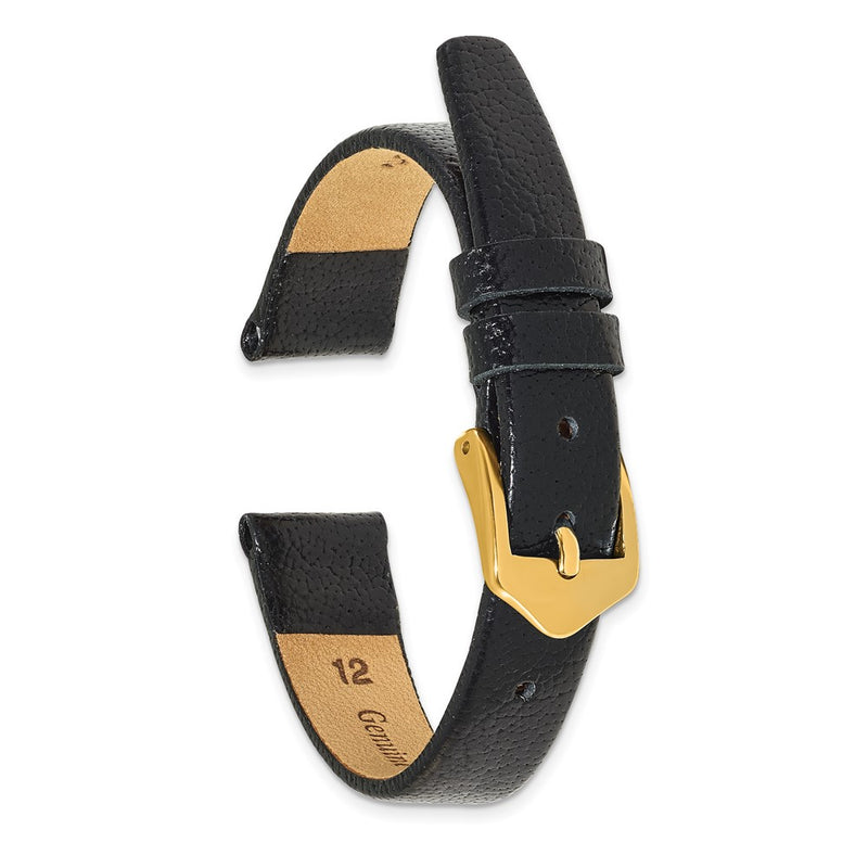 Gilden 12mm Black Flat Polished Leather with Gold-tone Aluminum Buckle 6.6 inch Watch Band