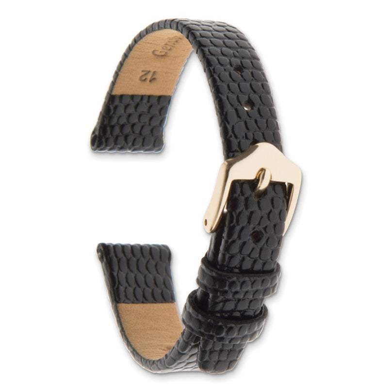 Gilden 13mm Black Flat Lizard Grain Calfskin Leather with Gold-tone Aluminum Buckle 6.75 inch Watch Band