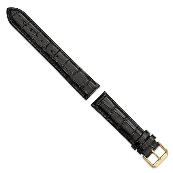 DeBeer 19mm Black Crocodile Grain Leather with Dark Stitching and Gold-tone Buckle 7.5 inch Watch Band