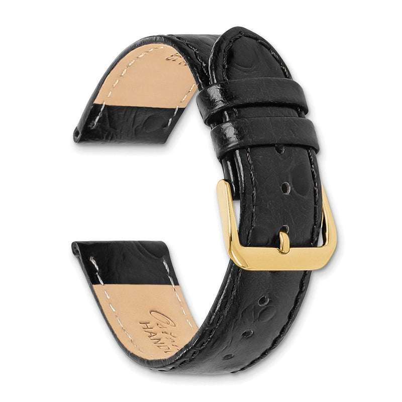 DeBeer 12mm Black Ostrich Grain Leather with Gold-tone Buckle 6.75 inch Watch Band