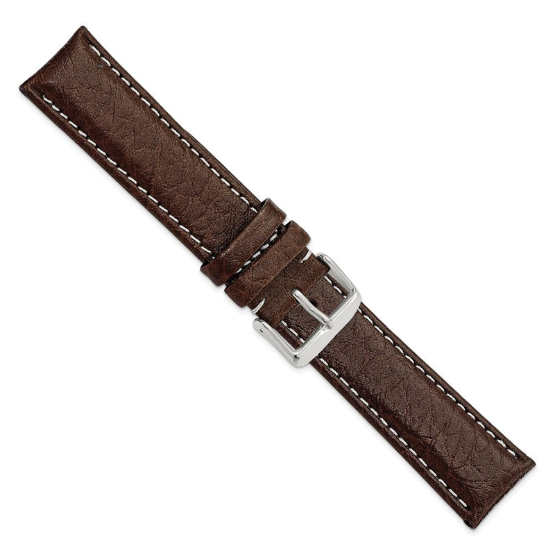 DeBeer 22mm Long Dark Brown Leather with White Stitching and Silver-tone Buckle 8.5 inch Watch Band