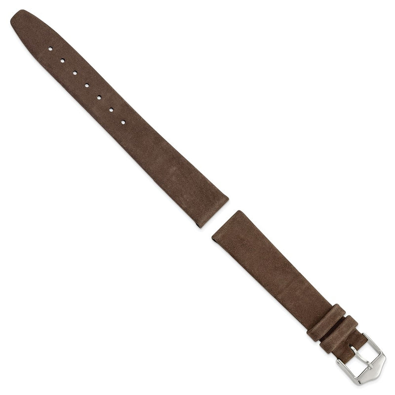 DeBeer 16mm Dark Brown Suede Flat Leather with Silver-tone Buckle 7.75 inch Watch Band