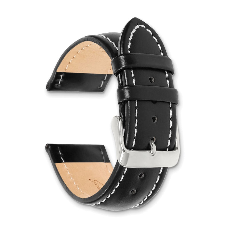 DeBeer 20mm Long Black Oil-tanned Leather with White Stitching and Silver-tone Buckle 8.25 inch Watch Band