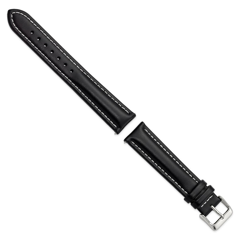 DeBeer 20mm Long Black Oil-tanned Leather with White Stitching and Silver-tone Buckle 8.25 inch Watch Band