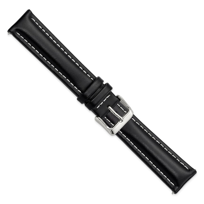 DeBeer 20mm Long Black Oil-tanned Leather with White Stitching and Silver-tone Buckle 8.25 inch Watch Band