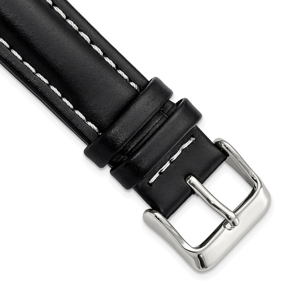 DeBeer 20mm Long Black Oil-tanned Leather with White Stitching and Silver-tone Buckle 8.25 inch Watch Band