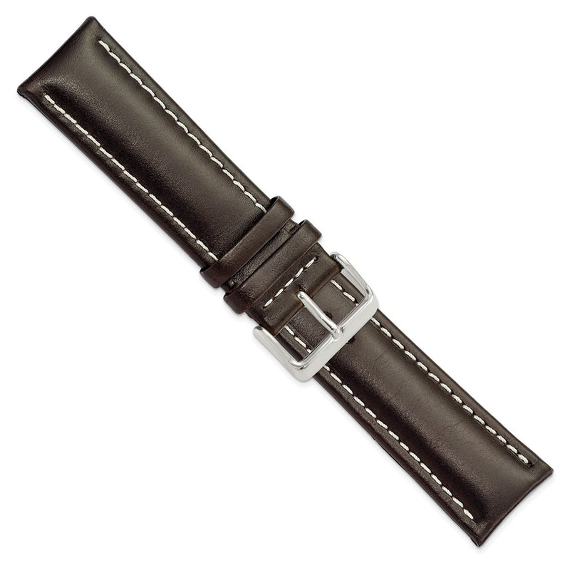 DeBeer 24mm Dark Brown Oil-tanned Leather with White Stitching and Silver-tone Buckle 7.5 inch Watch Band