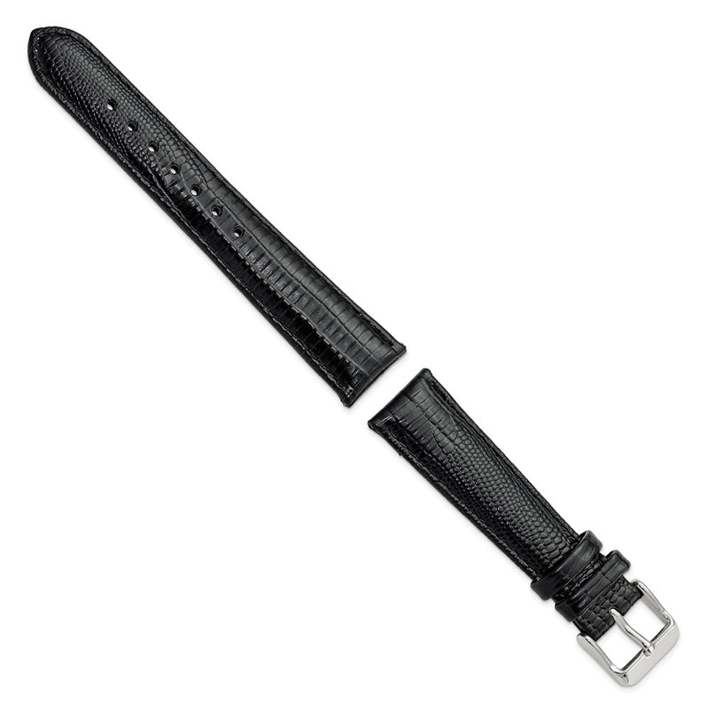 DeBeer 19mm Black Teju Liz Grain Leather with Silver-tone Buckle 7.5 inch Watch Band