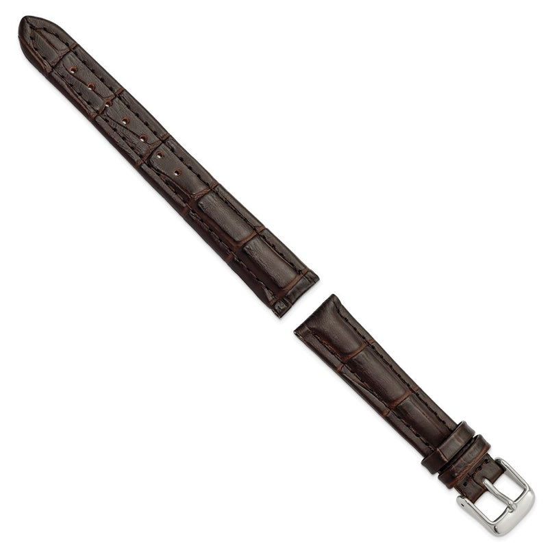 DeBeer 16mm Dark Brown Matte Alligator Grain Leather with Silver-tone Buckle 7.5 inch Watch Band