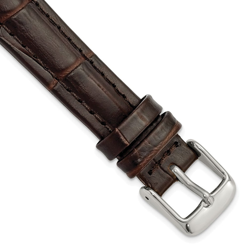 DeBeer 16mm Dark Brown Matte Alligator Grain Leather with Silver-tone Buckle 7.5 inch Watch Band