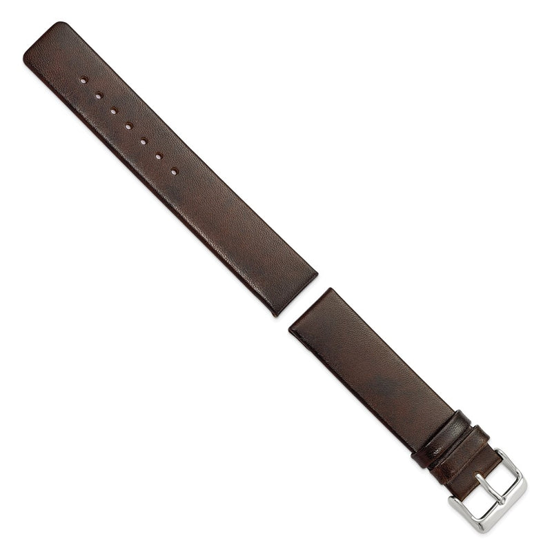 DeBeer 20mm Dark Brown Italian Calfskin Leather with Square End Silver-tone Buckle 7.75 inch Watch Band