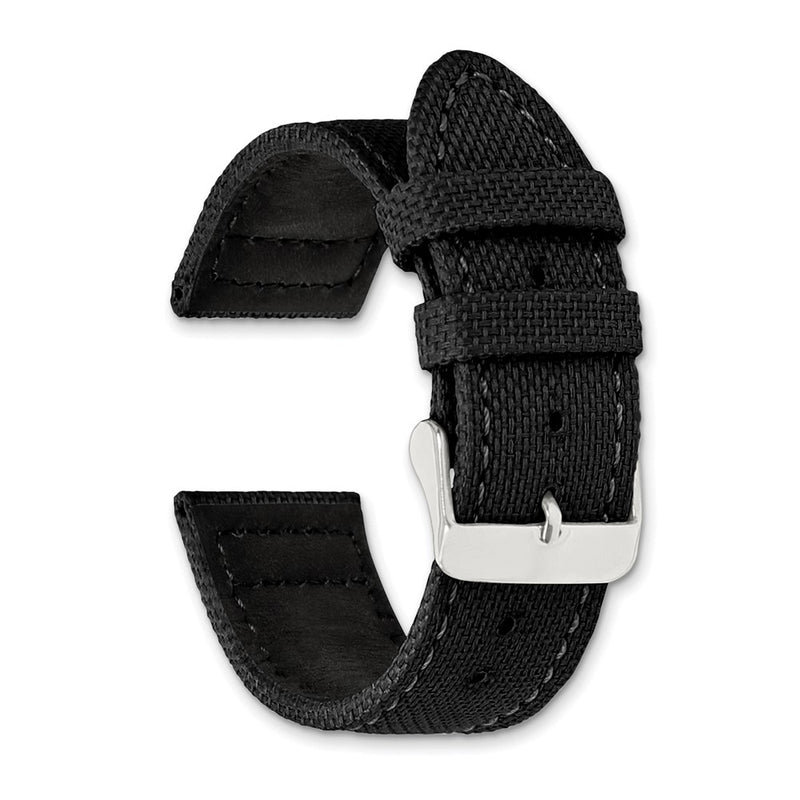 DeBeer 20mm Black Nylon Canvas with Black Leather Lining and Brushed Stainless Steel Buckle 7.75 inch Watch Band