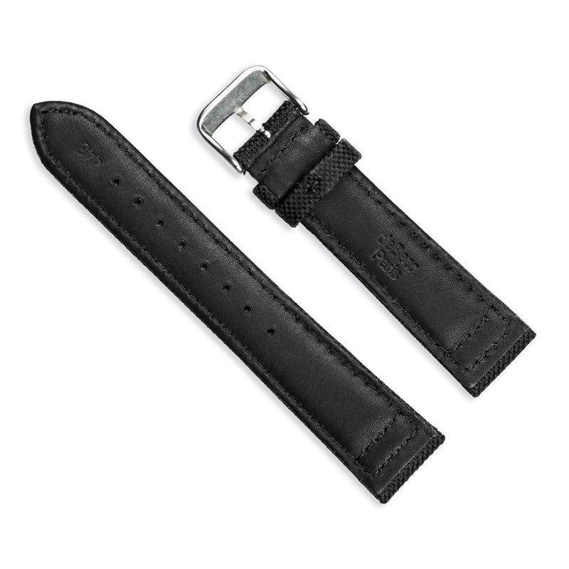DeBeer 20mm Black Nylon Canvas with Black Leather Lining and Brushed Stainless Steel Buckle 7.75 inch Watch Band