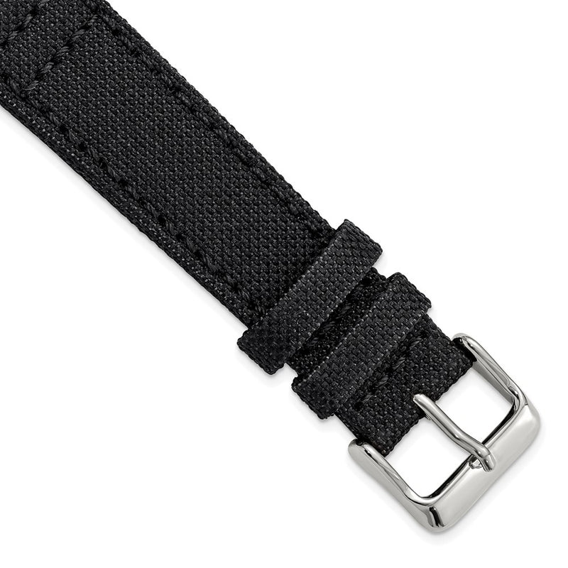 DeBeer 20mm Black Nylon Canvas with Black Leather Lining and Brushed Stainless Steel Buckle 7.75 inch Watch Band