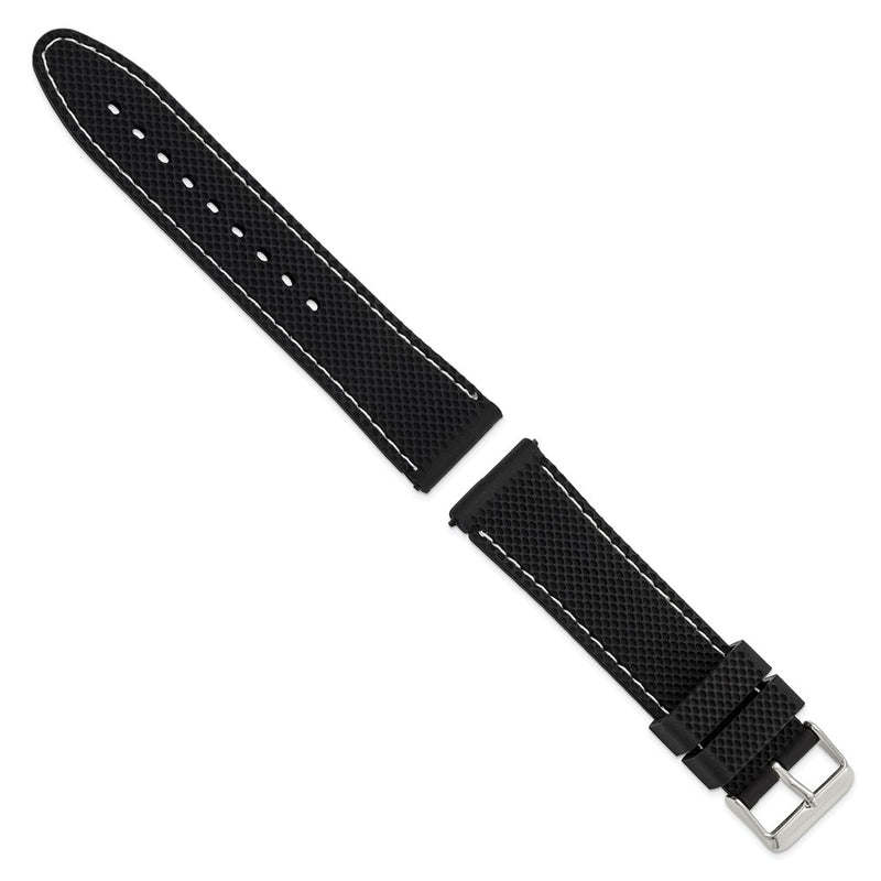 DeBeer 22mm Black Textured Silicone with White Stitching and Silver-tone Buckle 8 inch Watch Band