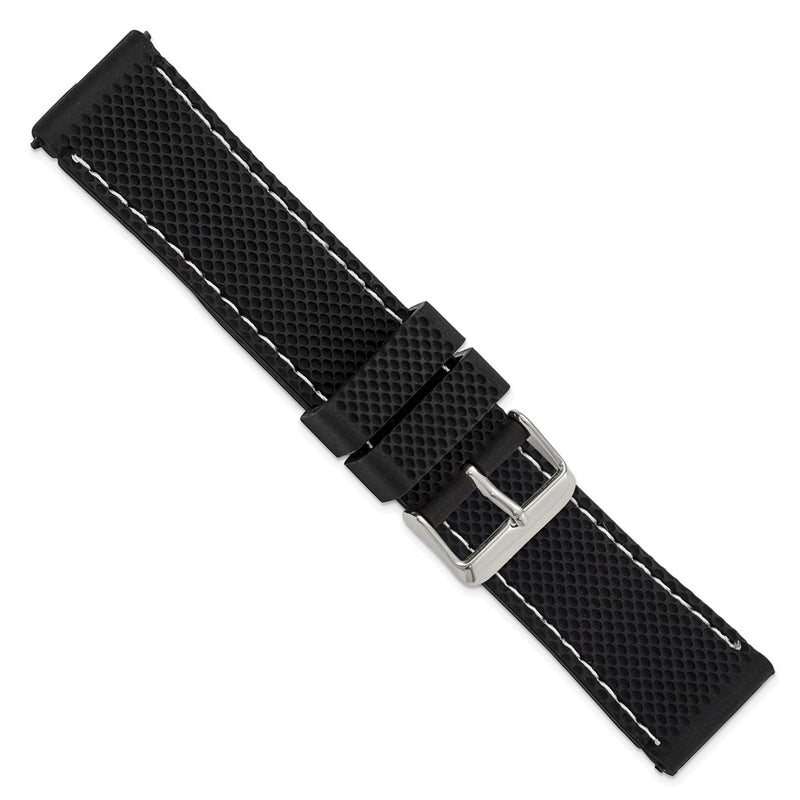 DeBeer 22mm Black Textured Silicone with White Stitching and Silver-tone Buckle 8 inch Watch Band