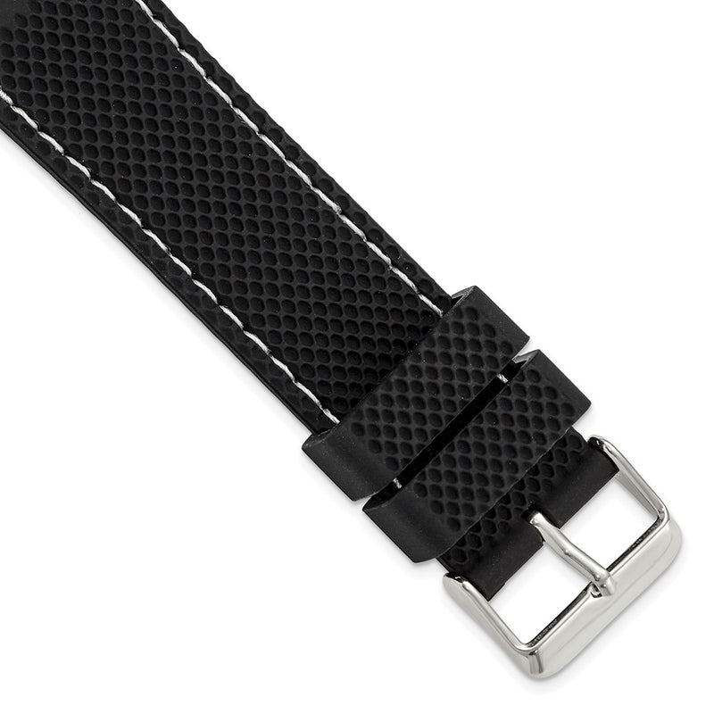 DeBeer 22mm Black Textured Silicone with White Stitching and Silver-tone Buckle 8 inch Watch Band