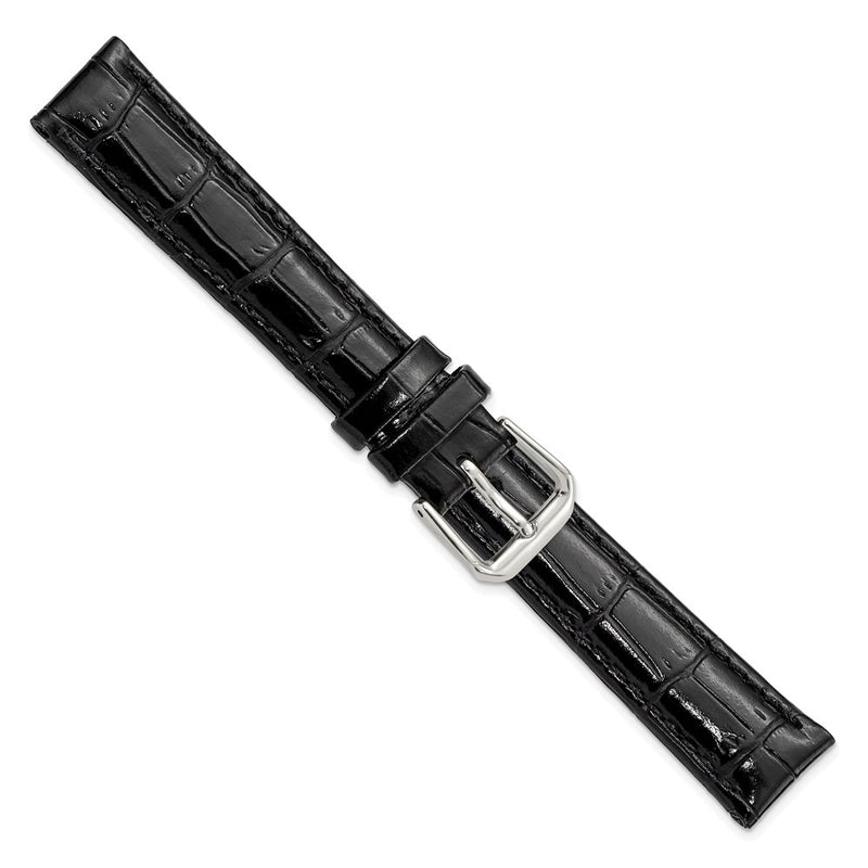 DeBeer 16mm Black Crocodile Grain Leather with Dark Stitching and Silver-tone Buckle 7.5 inch Watch Band