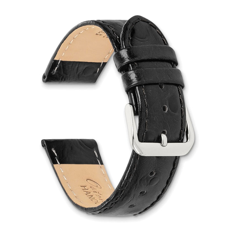 DeBeer 19mm Black Ostrich Grain Leather with Silver-tone Buckle 7.5 inch Watch Band