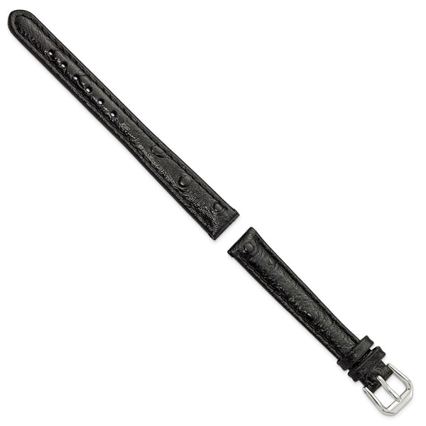 DeBeer 12mm Black Ostrich Grain Leather with Silver-tone Buckle 6.75 inch Watch Band