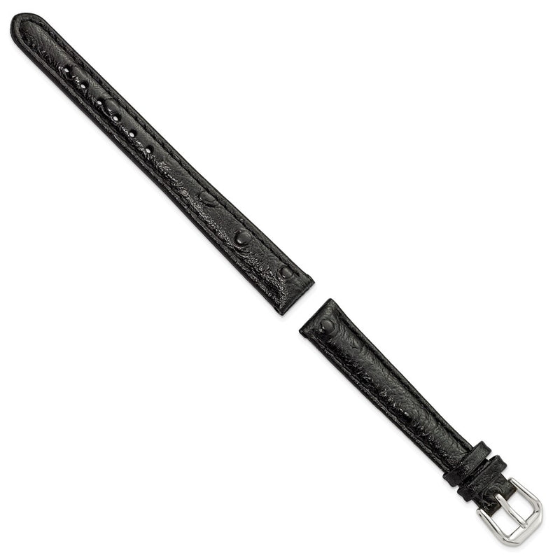 DeBeer 12mm Black Ostrich Grain Leather with Silver-tone Buckle 6.75 inch Watch Band