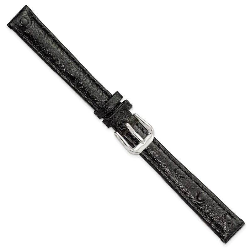 DeBeer 12mm Black Ostrich Grain Leather with Silver-tone Buckle 6.75 inch Watch Band