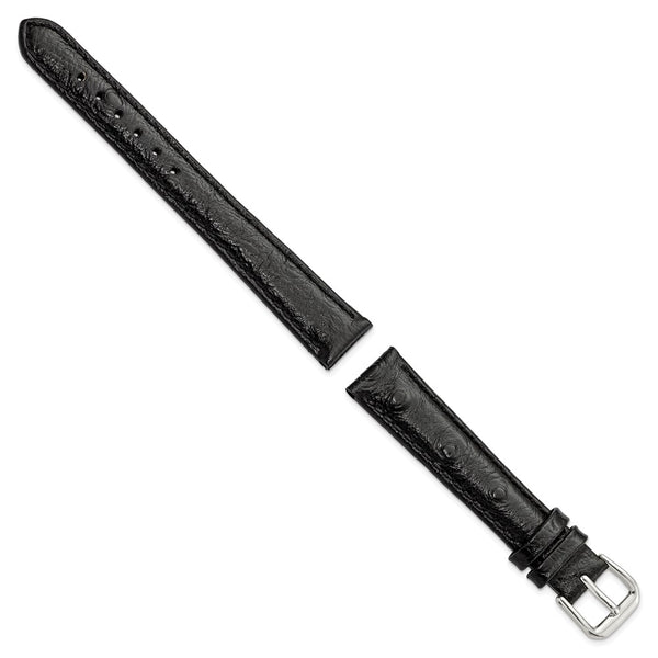 DeBeer 14mm Black Ostrich Grain Leather with Silver-tone Buckle 6.75 inch Watch Band