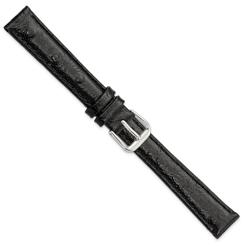 DeBeer 14mm Black Ostrich Grain Leather with Silver-tone Buckle 6.75 inch Watch Band