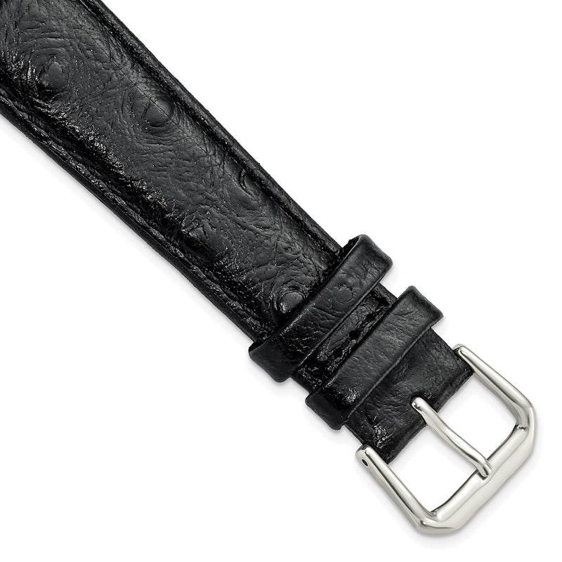 DeBeer 19mm Black Ostrich Grain Leather with Silver-tone Buckle 7.5 inch Watch Band