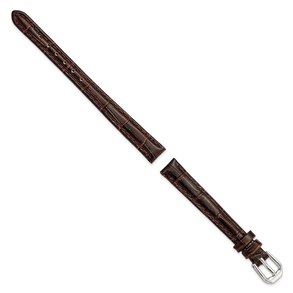 DeBeer 10mm Brown Crocodile Grain Leather with Dark Stitching and Silver-tone Buckle 6.75 inch Watch Band
