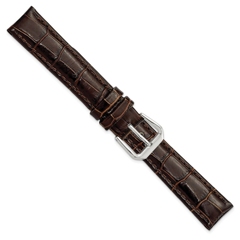 DeBeer 16mm Brown Crocodile Grain Leather with Dark Stitching and Silver-tone Buckle 7.5 inch Watch Band